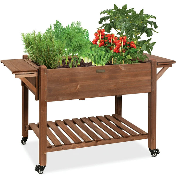 57X20X33In Mobile Raised Garden Bed Elevated Wood Planter Box W/ Folding Side Tables - Brown
