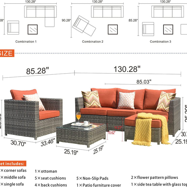 Patio Furniture Sets Outdoor Sectional Sofa 6 Pieces No Assembly Required Big Size All Weather Wicker Aluminum Conversation Set with 2 Pillows and Furniture Cover,Grey Wicker Orange Red