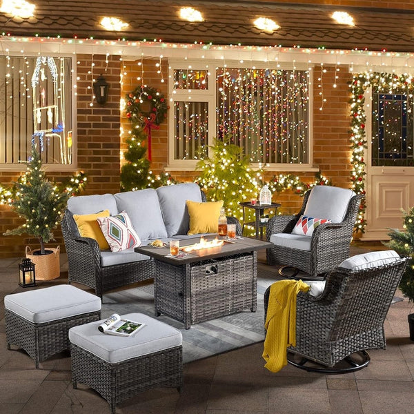 High-Back Outdoor Patio Furniture with Fire Pit 7 Pieces All Weather Wicker Conversation Furniture with Rocking Swivel Chair for Backyard
