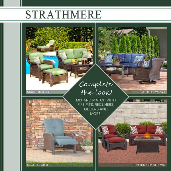 Strathmere 6-Piece Woven Patio Seating Set with Tile-Top Fire Pit and Navy Blue Cushions