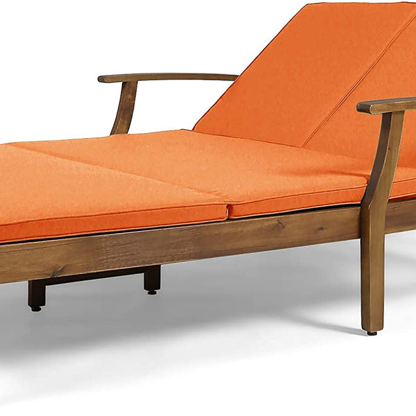 Samantha Double Chaise Lounge for Yard and Patio, Acacia Wood Frame, Teak Finish with Orange Cushions