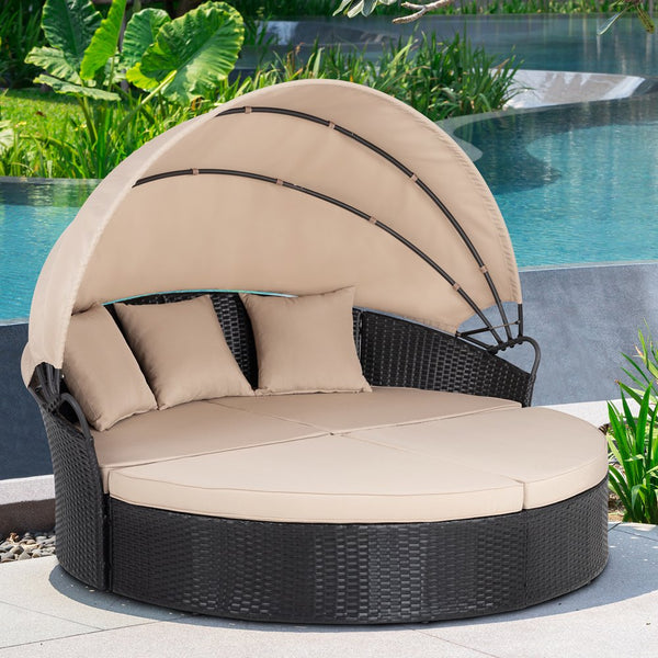 Patio Furniture Outdoor round Daybed with Retractable Canopy Wicker Rattan, Seating Separates Cushioned Seats