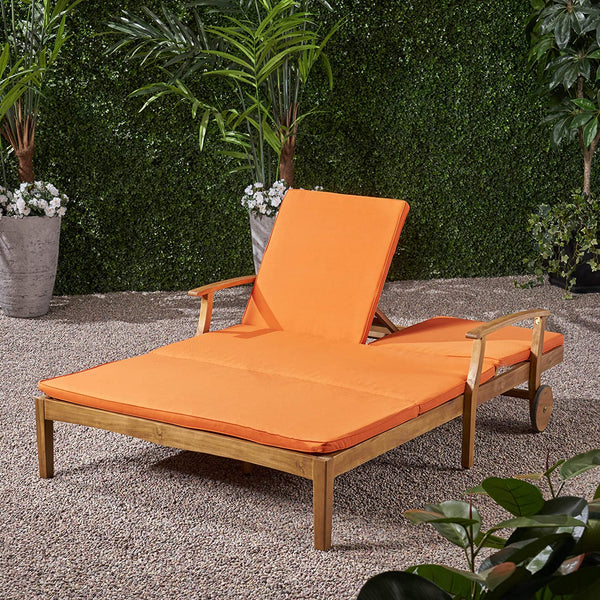 Samantha Double Chaise Lounge for Yard and Patio, Acacia Wood Frame, Teak Finish with Orange Cushions
