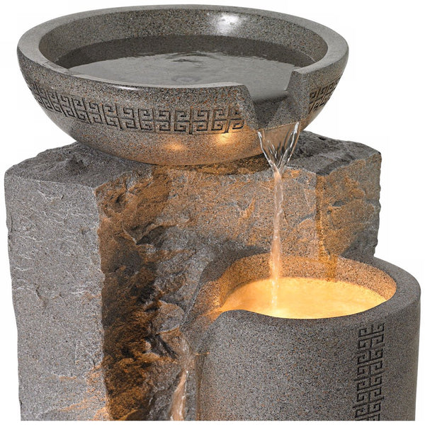Bowl and Pillar Modern Zen Cascading Outdoor Floor Water Fountain with LED Light 34 1/2" for Yard Garden Patio Home Deck Porch House